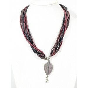 Boho Red Black Beaded Leaf Pendant Statement Necklace Multi Strand 22"
